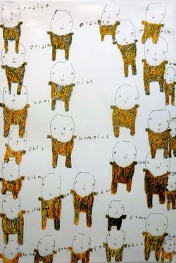 Donald Mitchell, Yellow People with Writing, work on paper